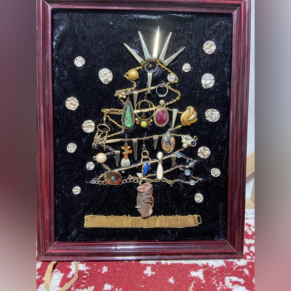 OOAK Handmade Framed Vintage & Modern Costume Jewelry Christmas Tree Mosaic Art.